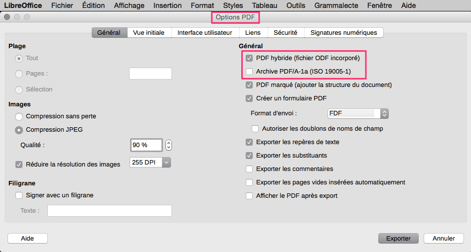 Les options d’exportation en PDF de LibreOffice
