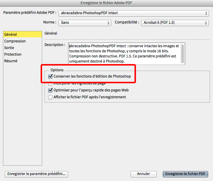 Options d'enregistrement en Photoshop-PDF