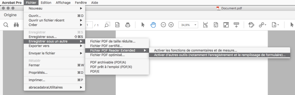 Acrobat Pro - Fichier - Enregistrer sous un autre - Fichier PDF Reader Extended